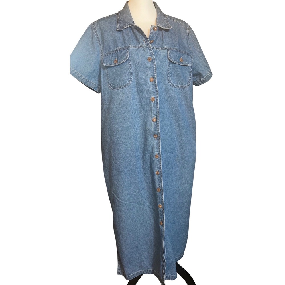 Vtg CB Casuals Blue Denim Maxi Dress Short Sleeve Button Collared Shirtdress  XL